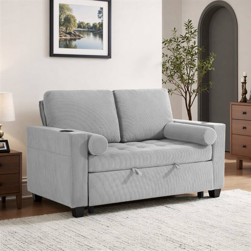 3-in-1 Corduroy Sleeper Sofa Pull-Out Bed Convertible Adjustable Loveseat with USB Port