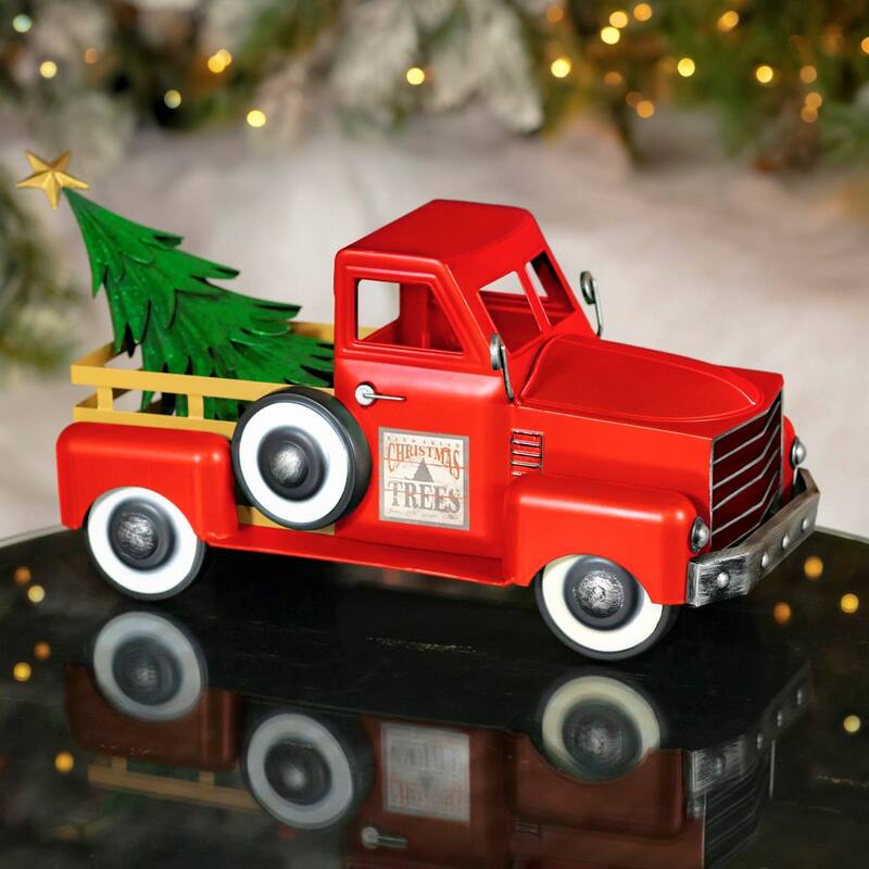 Small Red Truck with Christmas Tree - Red - Iron