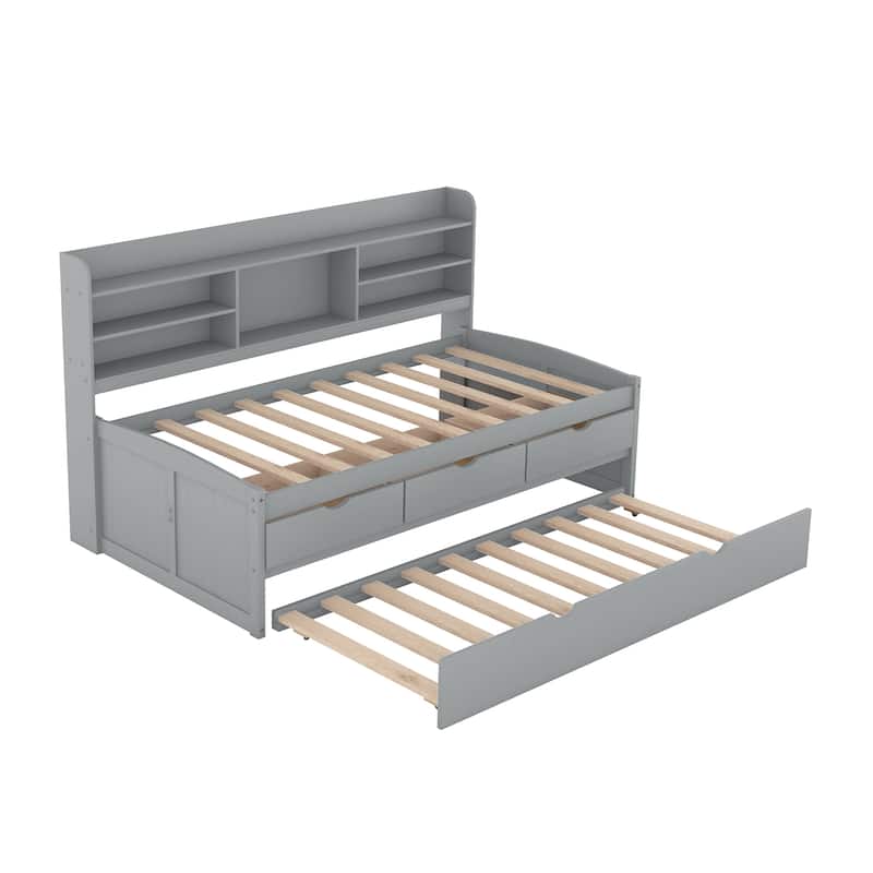 Gray Twin Pine Captain Bed with Shelves, Drawers & Trundle