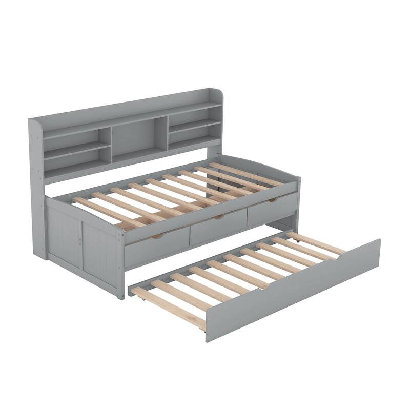 Twin Size Wooden Bed with Built-in Bookshelves, Storage Drawers, and Trundle in Light Grey