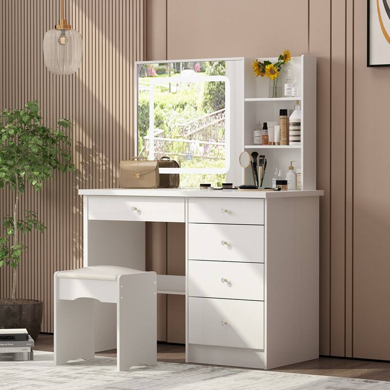 39.4"Wide Makeup Vanity Set with Stool and 3 Color Touching Mirror - 39.4"W