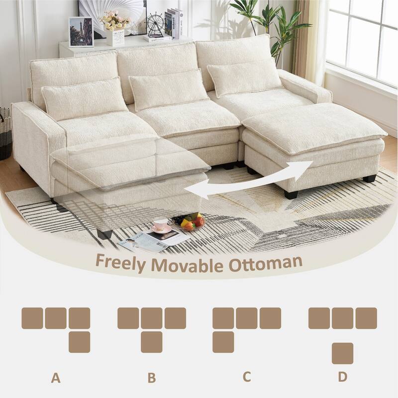 Cloud Chenille L-shaped Sectional Sofa, Deep Seat Couch with Thick Cushions, Movable Ottoman and Waist Pillows for Living Room