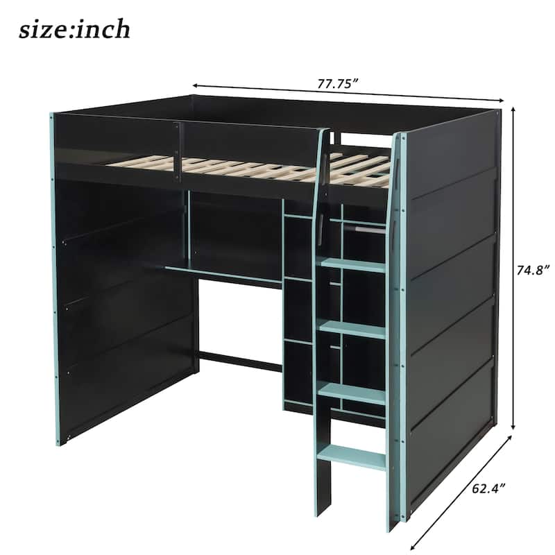 All-in-one Full Size Wood Loft Bed for Gaming & Workspace with Desk, Open Wardrobe, Storage Compartments and RGB Light Strip