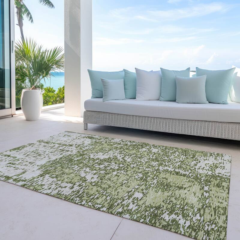 Machine Washable Indoor/ Outdoor Abstract Pixels Chantille Rug - Olive - 10' x 14'
