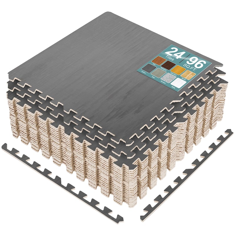 Sorbus 96 Sq. Ft. Wood Grain Floor Tiles Foam Mat EVA Interlocking Mats Tile 3/8-Inch Thick Exercise Mats w/Borders - Light Carbon