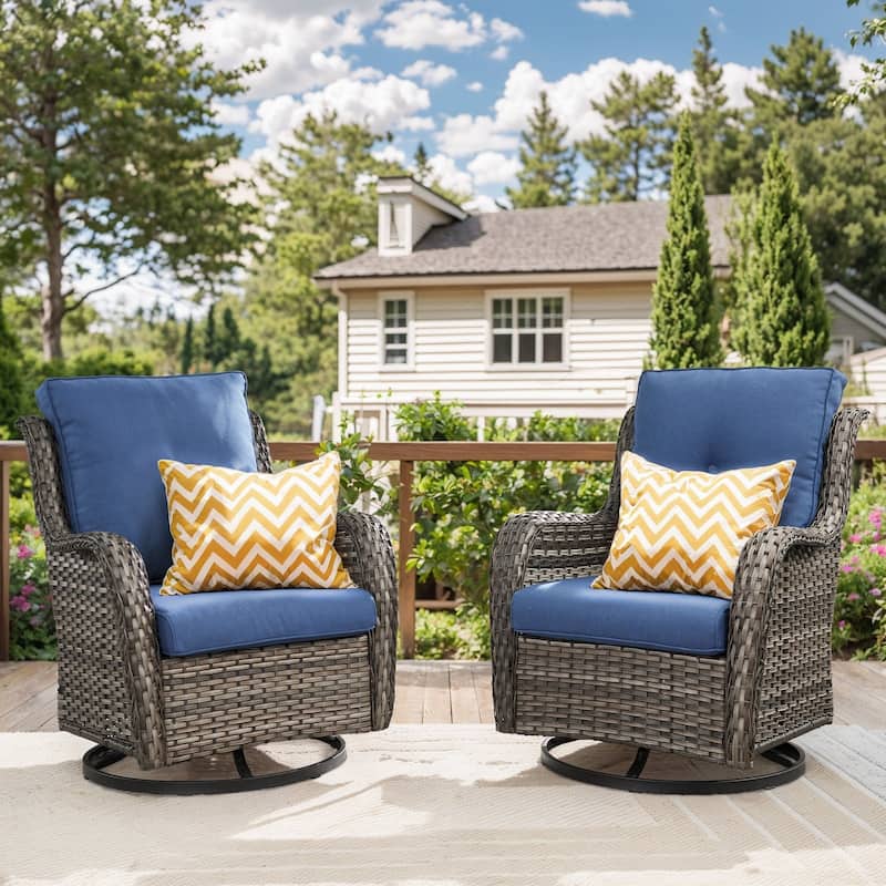 Gymojoy Wicker Swivel Glider Chair Outdoor Rocking Seating with Olefin Cushions - Grey Wicker / Blue Cusion - 2-Piece