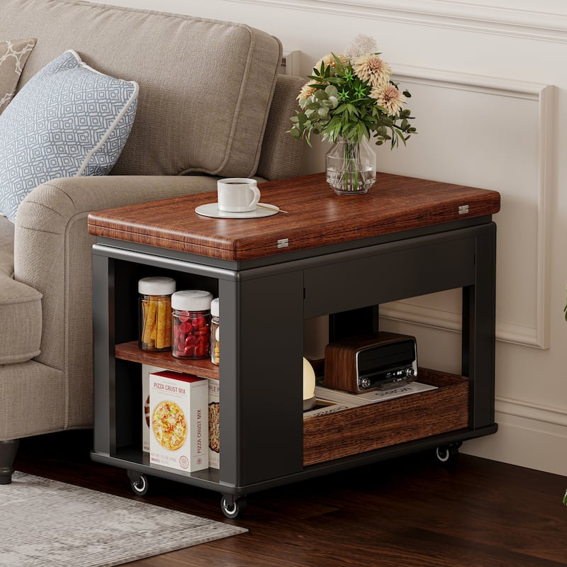 27.6" Modern Coffee Table with Foldable Top & Casters, Multi-Tier Storage Side Table for Living Room