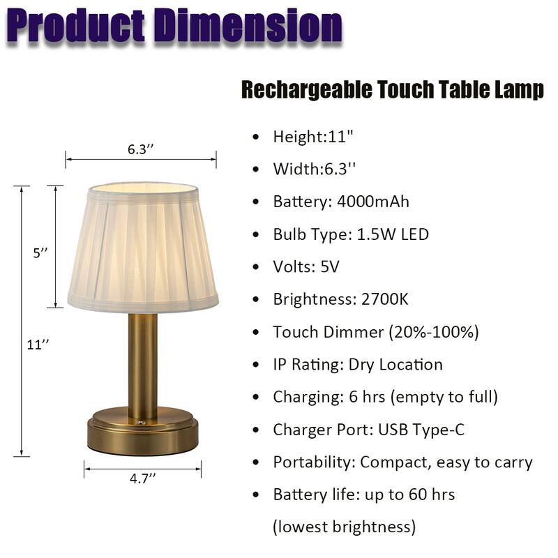 CraftHome 11'' Modern Rechargeable Cordless LED Table Lamp Industrial Dimmable Touch Control Mini Desk Lamp with Fabric Shade