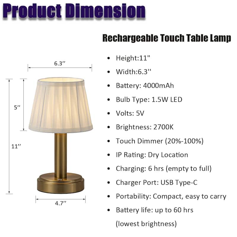 Modern Type-C Rechargeable LED Table Lamp Dimmable Touch Control with Fabric Shade For Bedroom Living Room - W6''