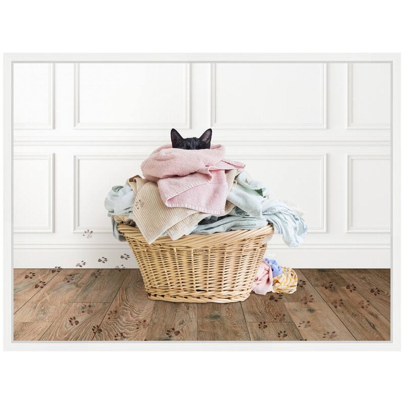 Kate and Laurel Sylvie Cat in a Basket Traditional Laundry Framed Canvas by Amy Peterson