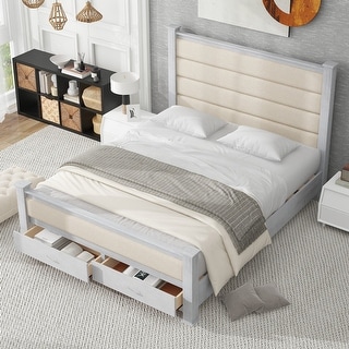 Queen Size Platform Bed with Upholstered Headboard and 2 Drawers, Antique White