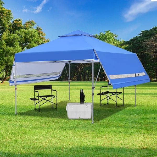 slide 1 of 12, Zenova 10 x 17FT Canopy Tent 2-Tier Shade Pop-Up Canopy Folding Shelter with Adjustable Dual Half Awnings - 10*17