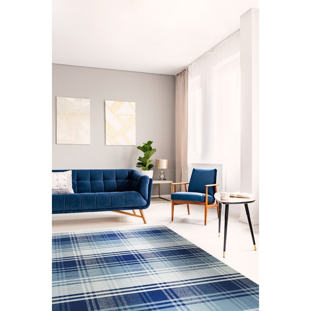Home Decor EORC Hand-Woven Wool Plaid Rug, Blue Stylish and Durable Area Rug for Adding Comfort and Texture to Your Living Room
