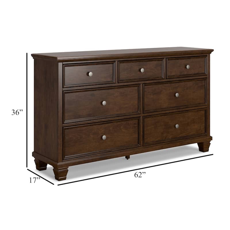Reno Wide Dresser, 7 Storage Drawers, Nickel Round Knobs, Rich Brown