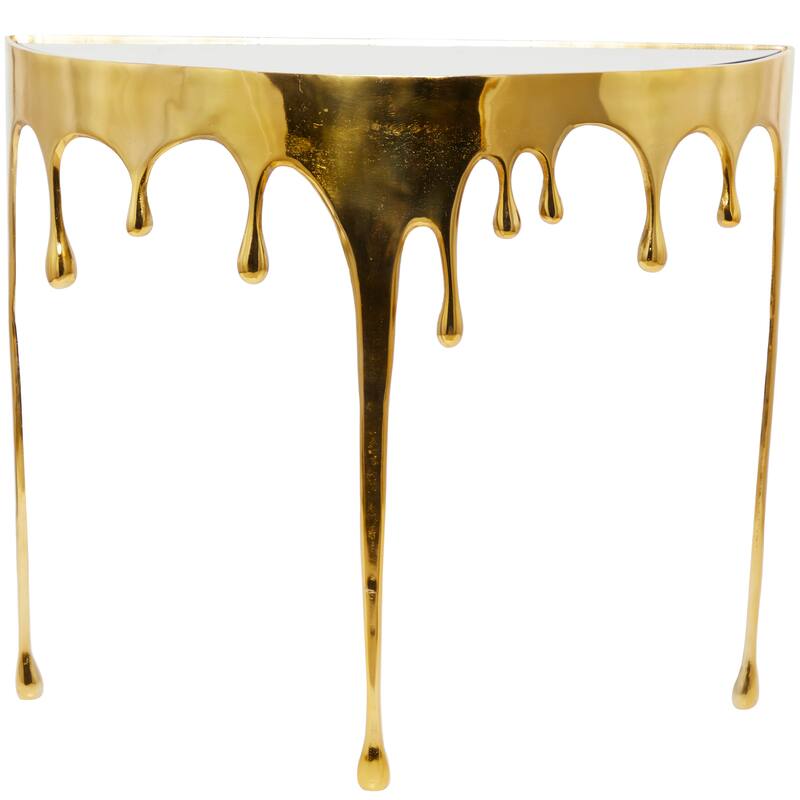 Aluminum Metal Abstract Drip Accent Table with Melting Design and Shaded Glass Top - Roche River Decor