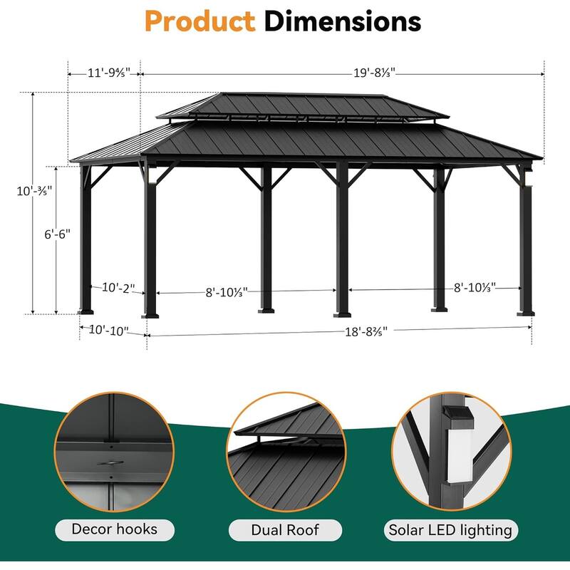 Modern Shade Permanent Hardtop Gazebo 12' x 20' wiith 4 LED Lights, Outdoor Grill Gazebo, Black
