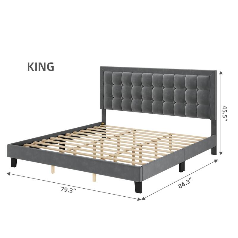Upholstered Platform Bed Frame with Button Tufted Headboard and Wooden Slats