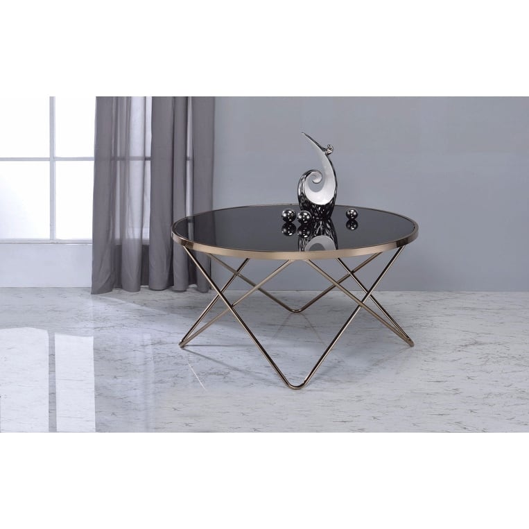 18 Inch Glass Top Coffee Table with Metal Base, Black and Gold - 18 H x 34 W x 34 L Inches