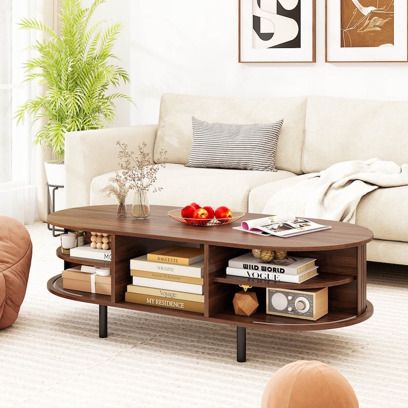 Costway 48" Mid Century Center Table with Sliding Fluted Doors & Open - See Details