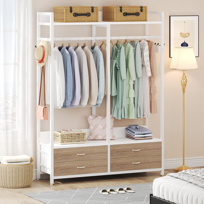 Freestanding Closet Organizer, Clothing Rack with 4 Drawers, 8 Hooks and Storage Shelves - Grey - White
