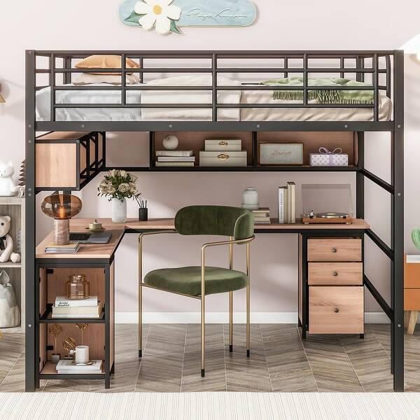 slide 2 of 14, Metal Loft Bed with Storage Bookcase, L-Shaped Desk and Cabinet, Full Size, Full-Length Guardrails Black