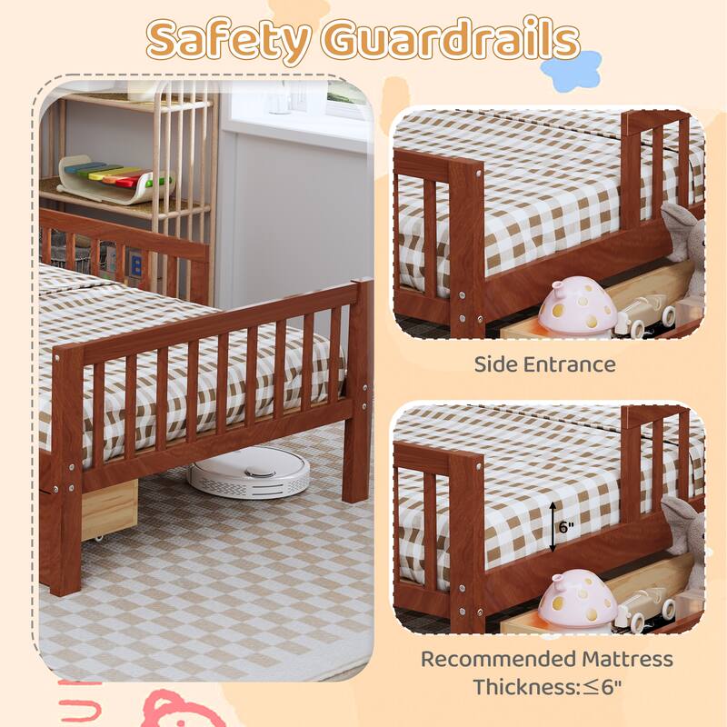 Twin Size Bed with Headboard Storage, Under-Bed Drawers & Safety Guardrails,Walnut