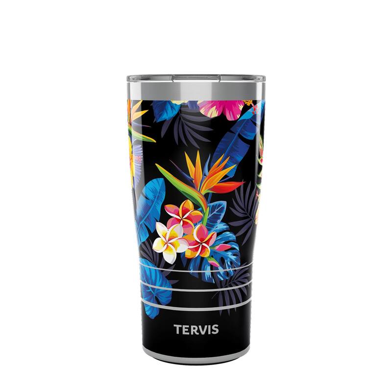 Tervis Traveler Tropical Collection Floral flower bright bold black hibiscus palm bird paradise Triple Walled Insulated Travel - 20oz