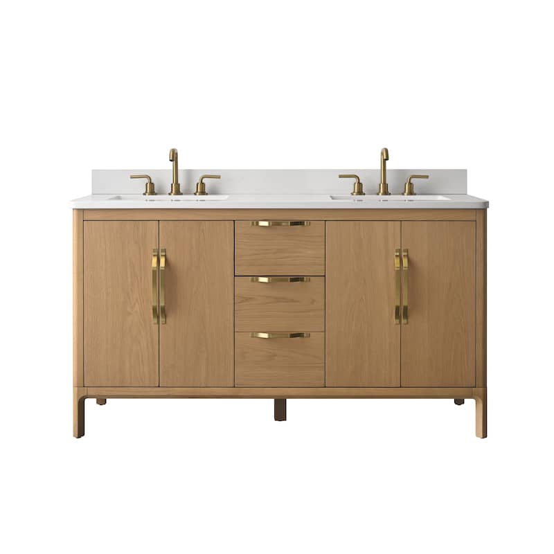 60" Freestanding Double-Sink Bathroom Vanity with Engineered Stone Top, Built-In Power Outlet, and Hair Dryer Storage