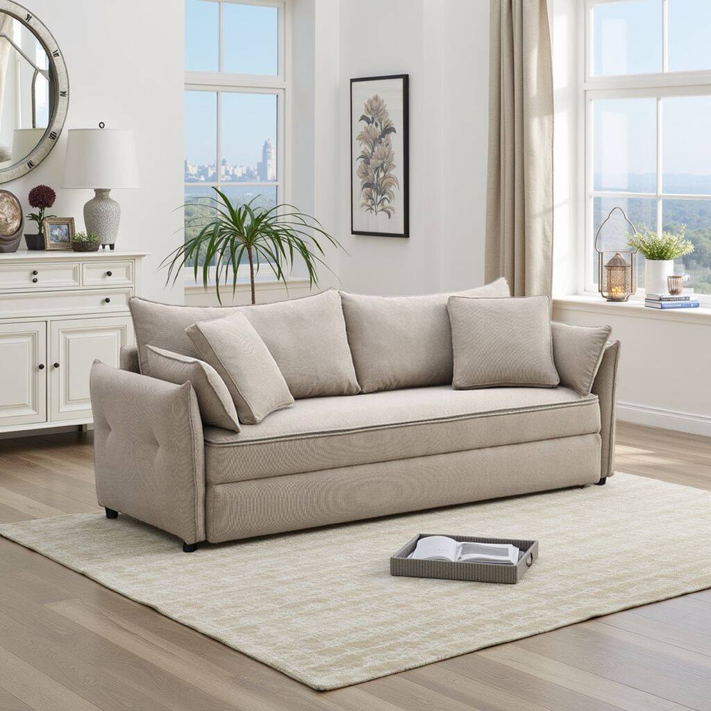 Leif Sofa with Full Size Pull Out Sleeper, 87 Inch Wood, Beige Fabric