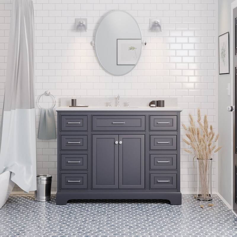 KitchenBathCollection Aria 48" Bathroom Vanity with Quartz Top - Marine Gray