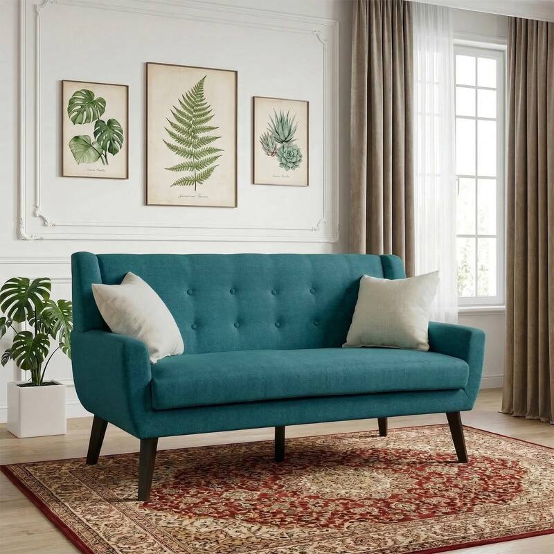 Modern 63-Inch Linen Tufted Loveseat Sofa with Pillows - Light Blue