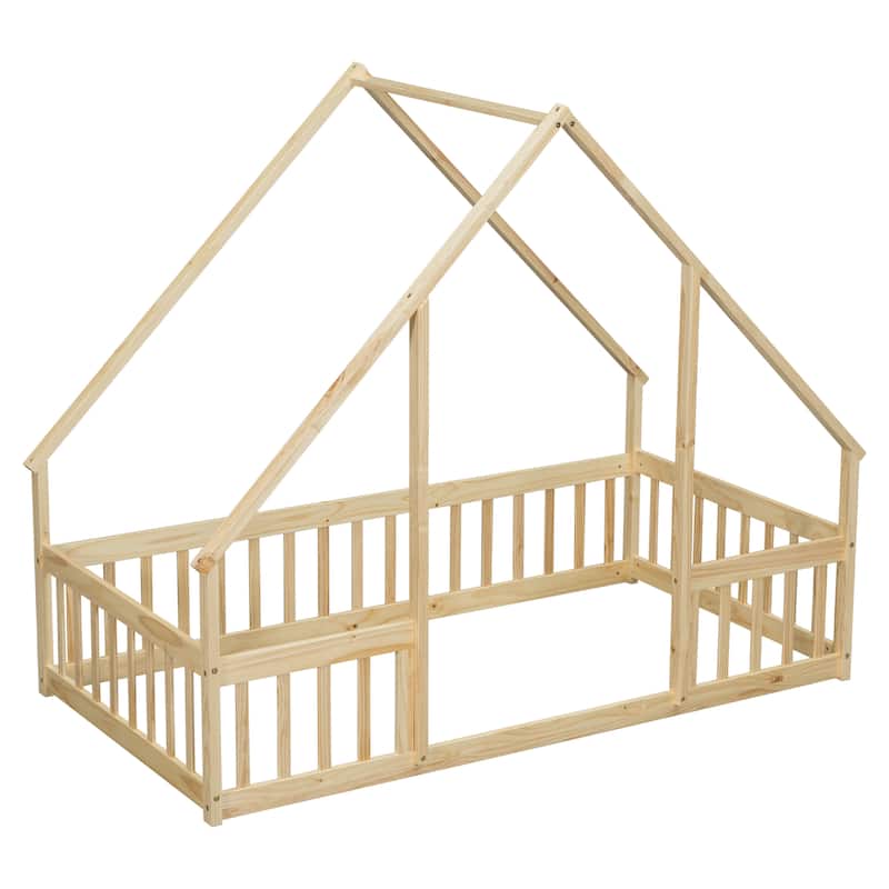 Wood House-Shaped Floor Bed with Fence