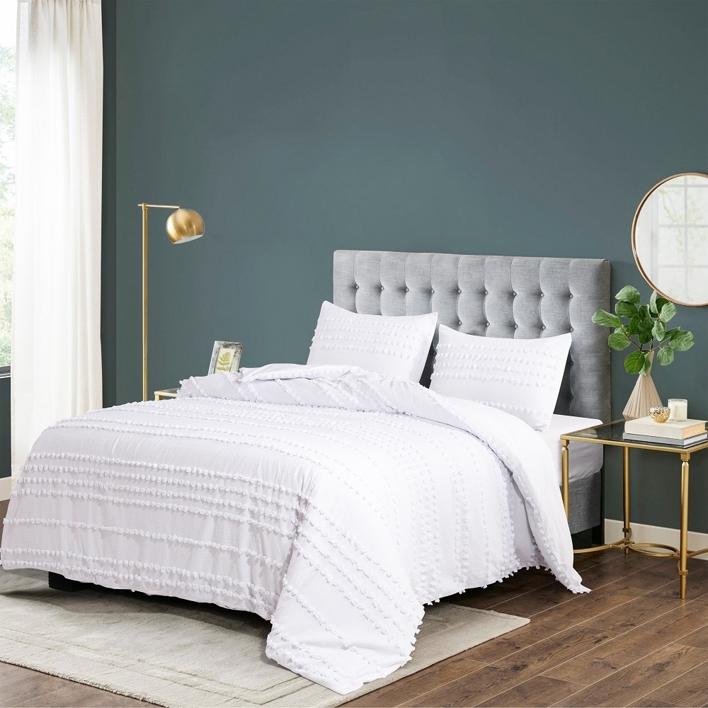 WHOLINENS 100 Percent Cotton Tufted Dot Duvet Cover Set White