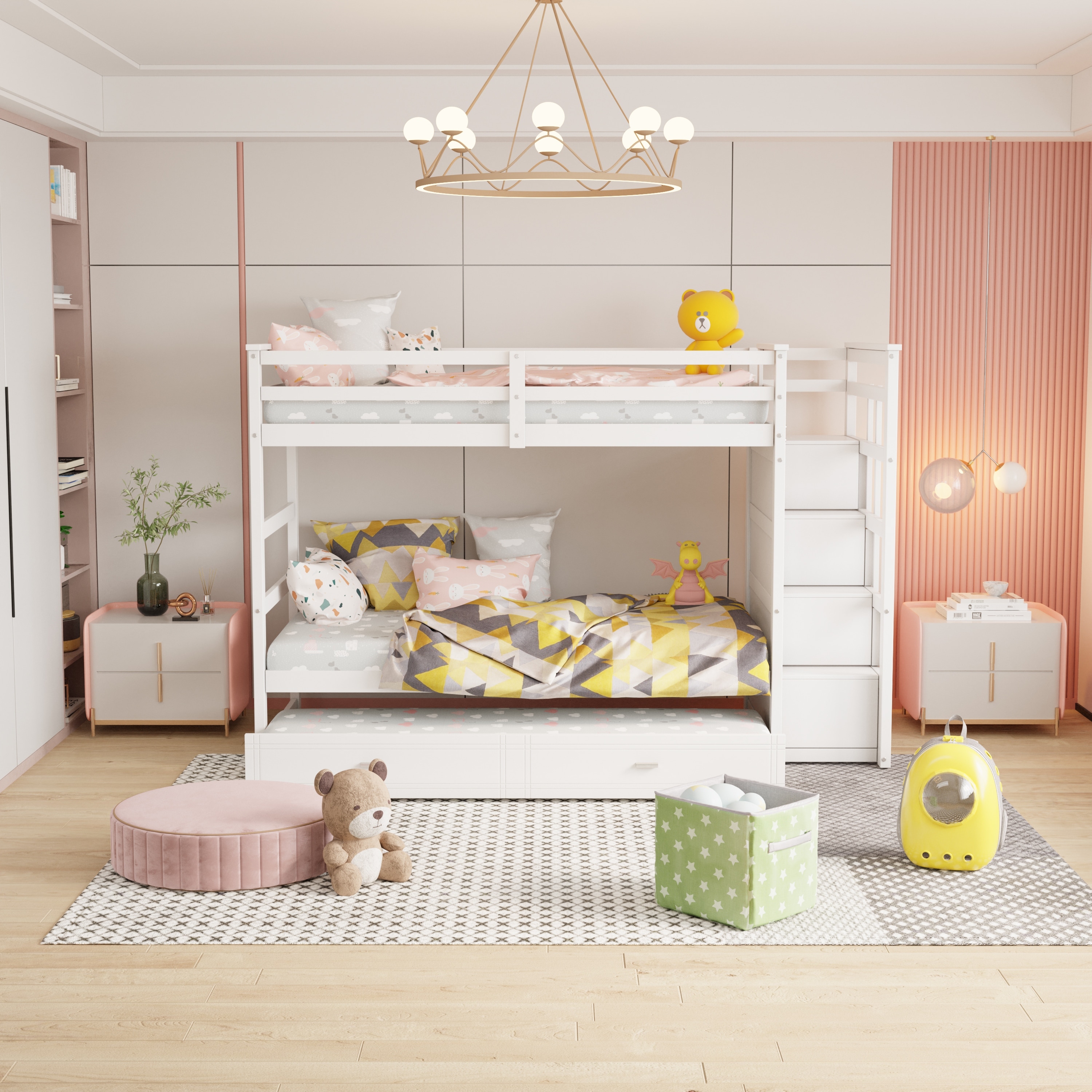 Twin over twin bunk cheap bed with trundle and stairs