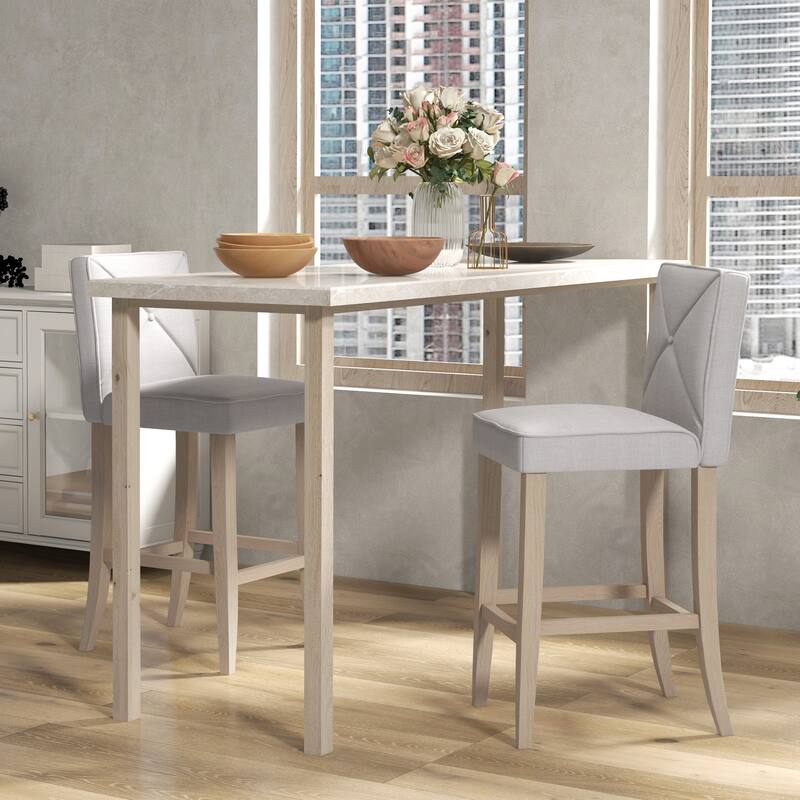 Set of 2 Beige Upholstered Bar Stools with Comfortable Cushion and Footrest Wood Frame - 17.75" W x 21.75" D x 41.75" H