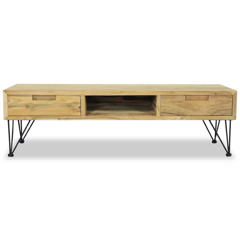 TV Stand Media Cabinet, Natural Teak Wood and Wrought Iron, 47 Inch