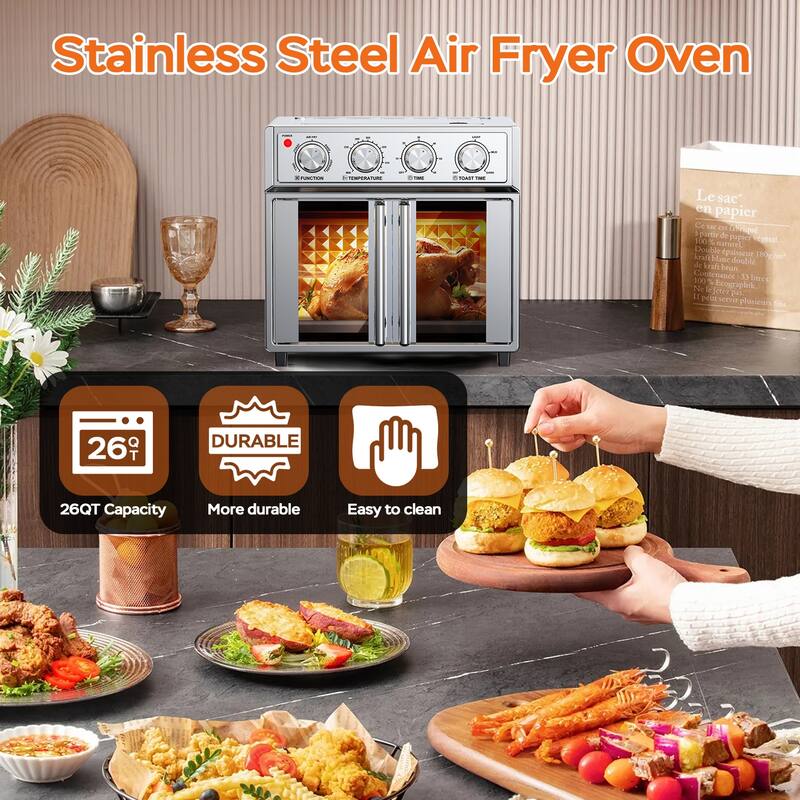 Anmytek 26QT Extra-Large French Double-Door Air Fryer Oven - 7-in-1 Toaster Oven with 7 Preset Menus, 1700W