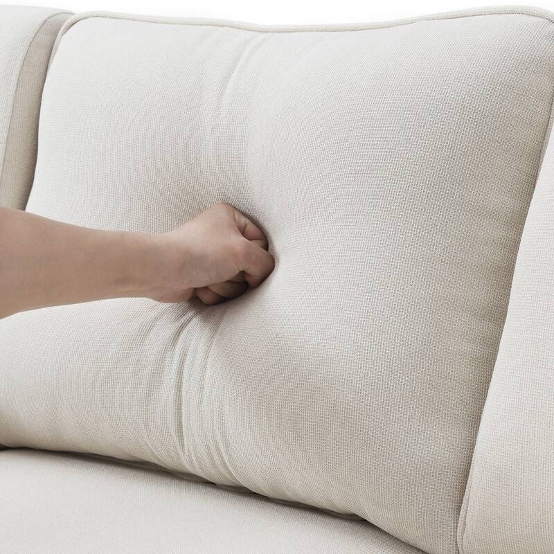 114.2" Modern Linen Fabric Sectional Sofa with Central Console, 2 Cupholders and Charging Station,4 Pillows