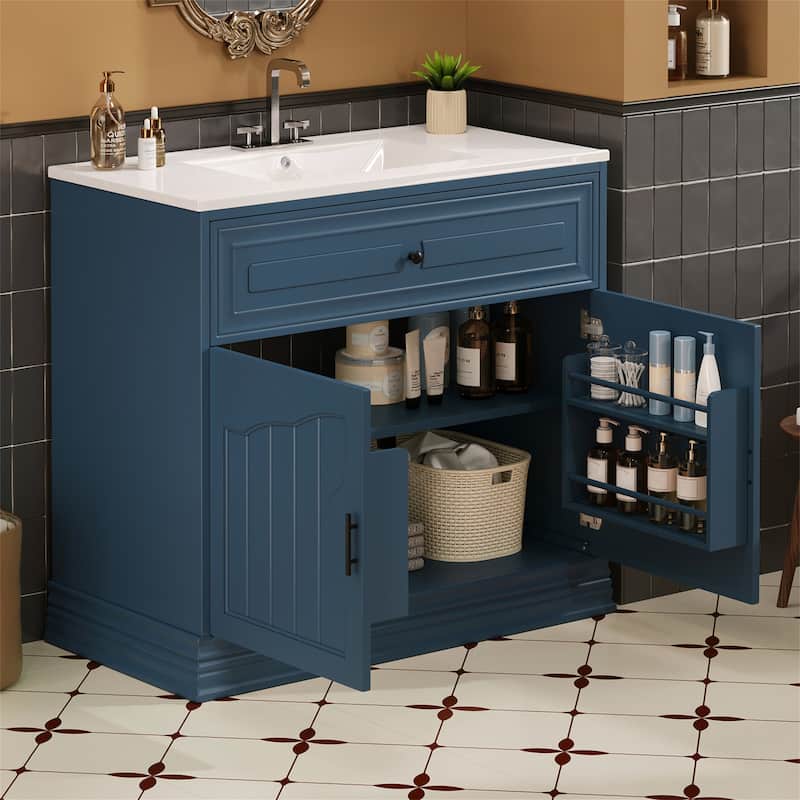 36" Wood Bathroom Vanity with Ceramic Sink and 2 Closing Doors - Blue