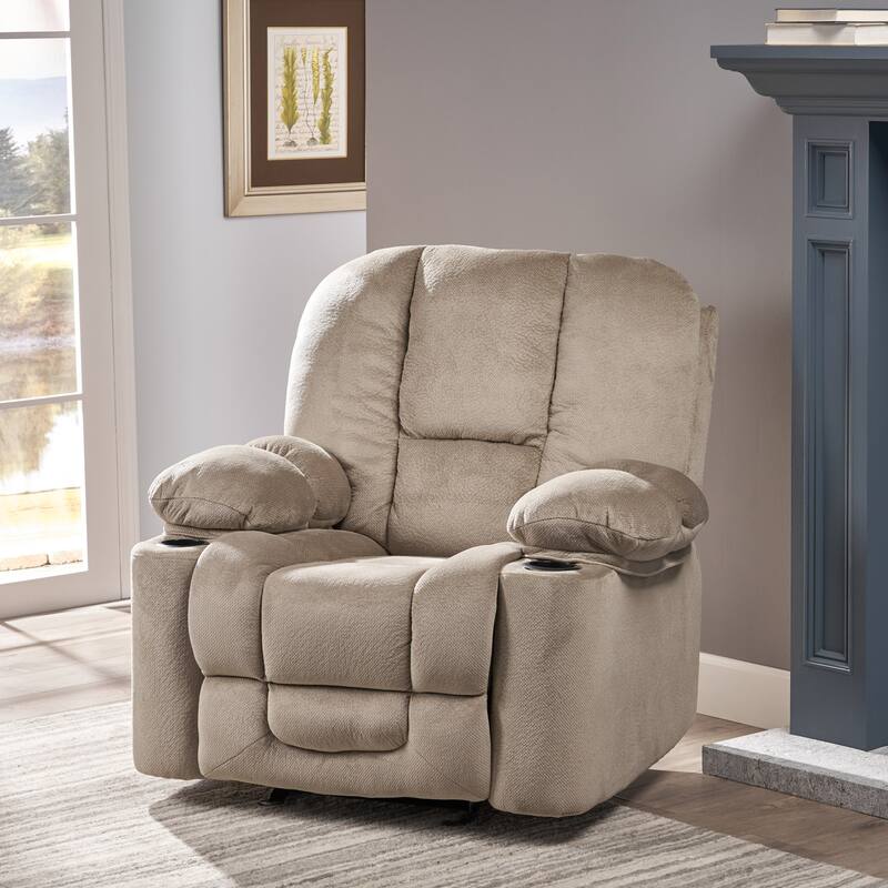 Stylish Manual Recliner with Soft Fabric Upholstery, Plush Padding, and Dual Cup Holders