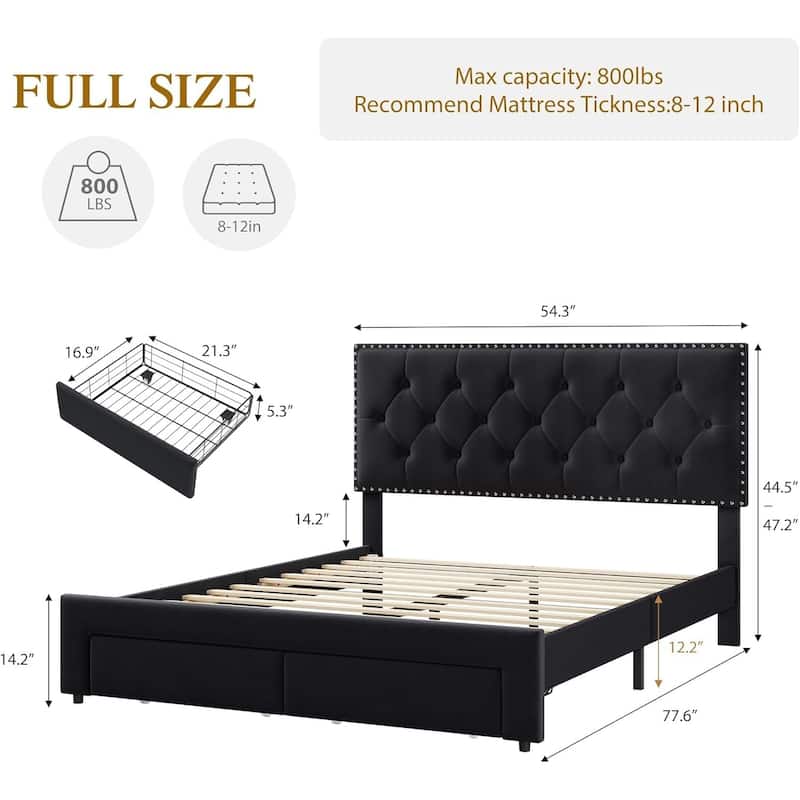 Velvet Upholstered Bed Frame with 2 Drawers, Wingback Tufted Headboard & Wood Slats, Vintage Style