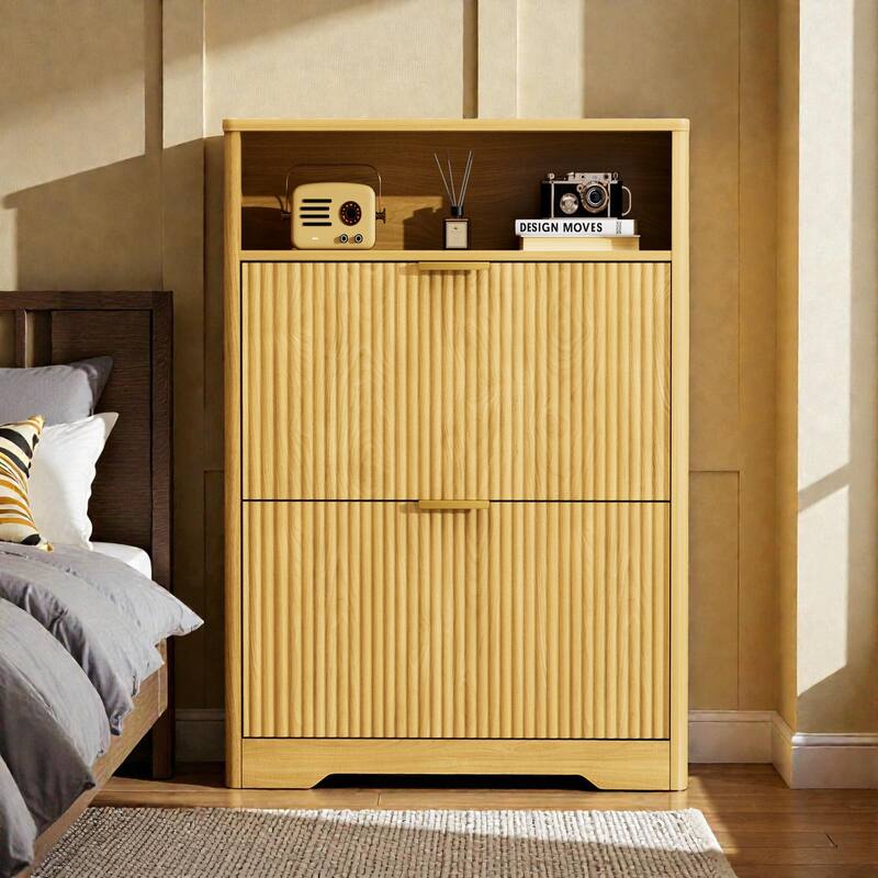 Modern Shoe Cabinet with 2 Flip Drawers, Tall Hidden Shoe Storage Organizer for Entryway, Hallway & Foyer - Natural