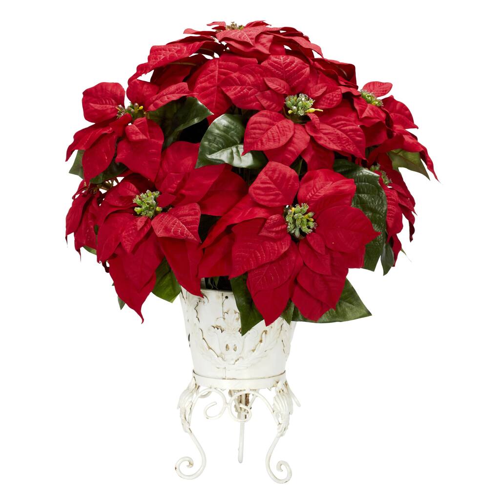 21" Red Poinsettia Artificial Silk Flower Arrangement Metal Planter