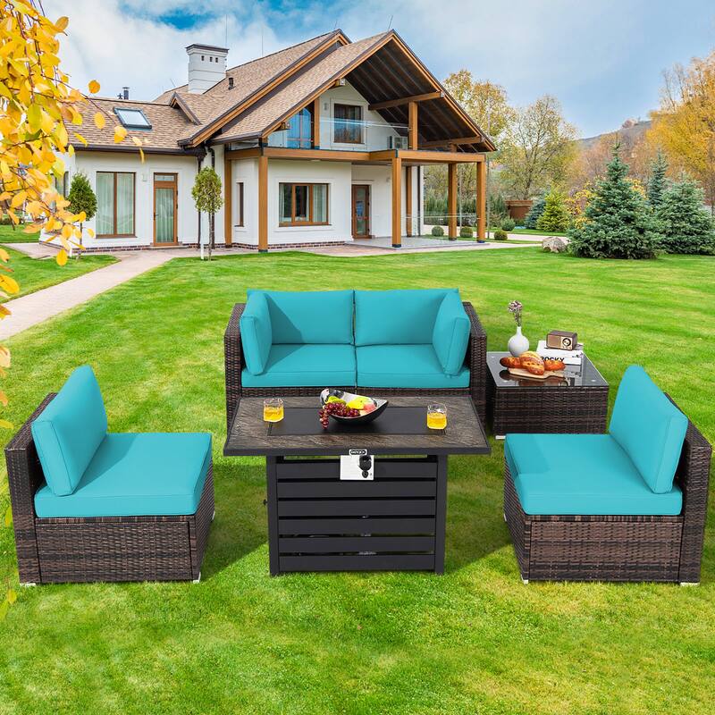 Costway 6PCS Patio Rattan Furniture Set 42'' Fire Pit Table Cover Sofa - See Details - Turquoise