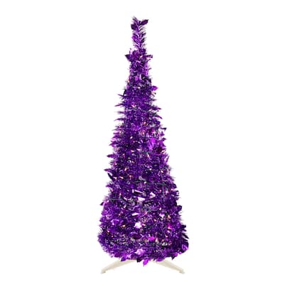 6' Purple Tinsel Pop-Up Artificial Christmas Tree, Clear Lights - 6 Foot