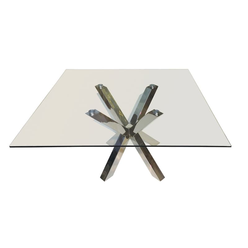 HomeRoots 60" Clear and Silver Glass and Metal Cross Leg Base Square Dining Table - 60.00 in. x 30.00 in. x 60.00 in.