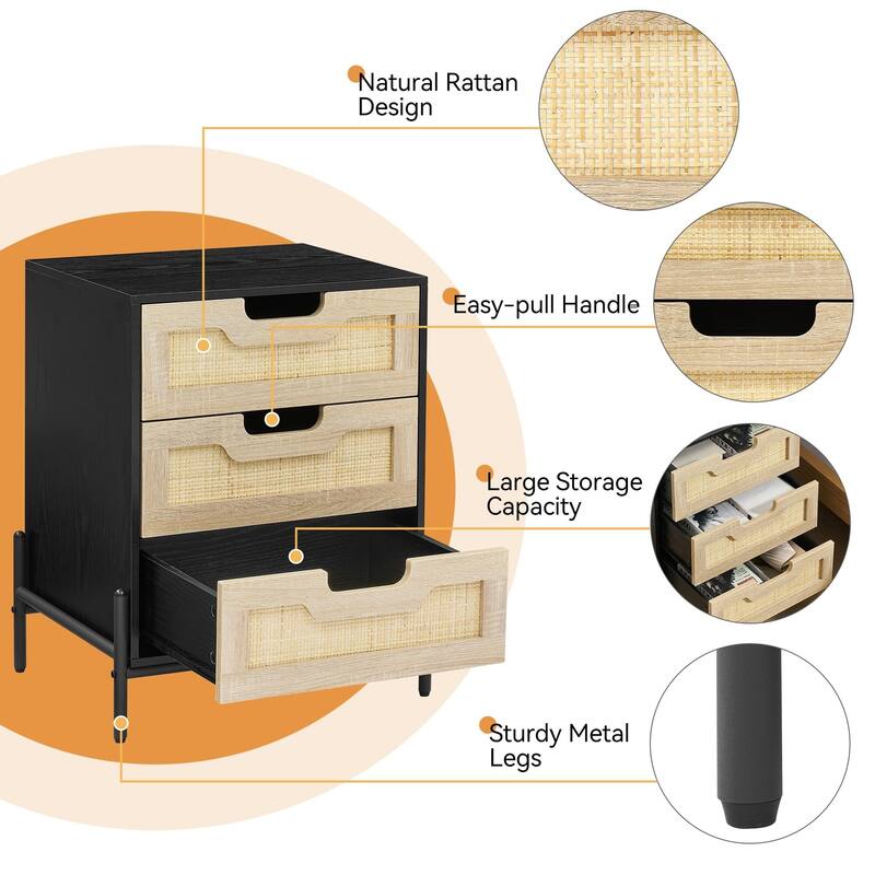 Rattan End Table, Nightstands with 3 Natural Rattan Drawers 1 or 2 Pack