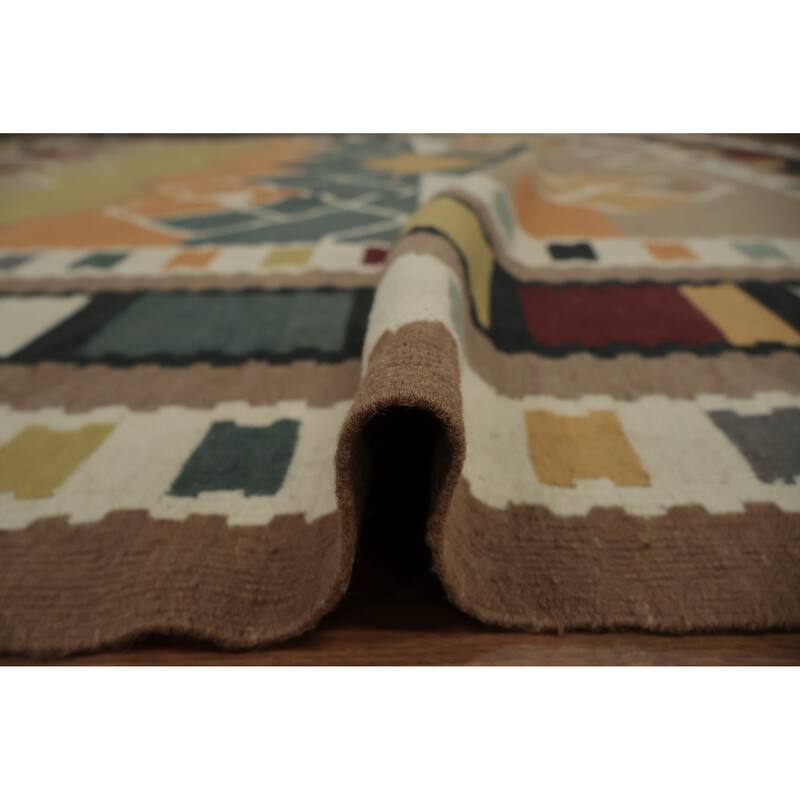 Hand Woven Oriental 100% Wool Carpet Southwestern Tribal Brown Kilim Area Rug - 14' 3'' X 11' 10''