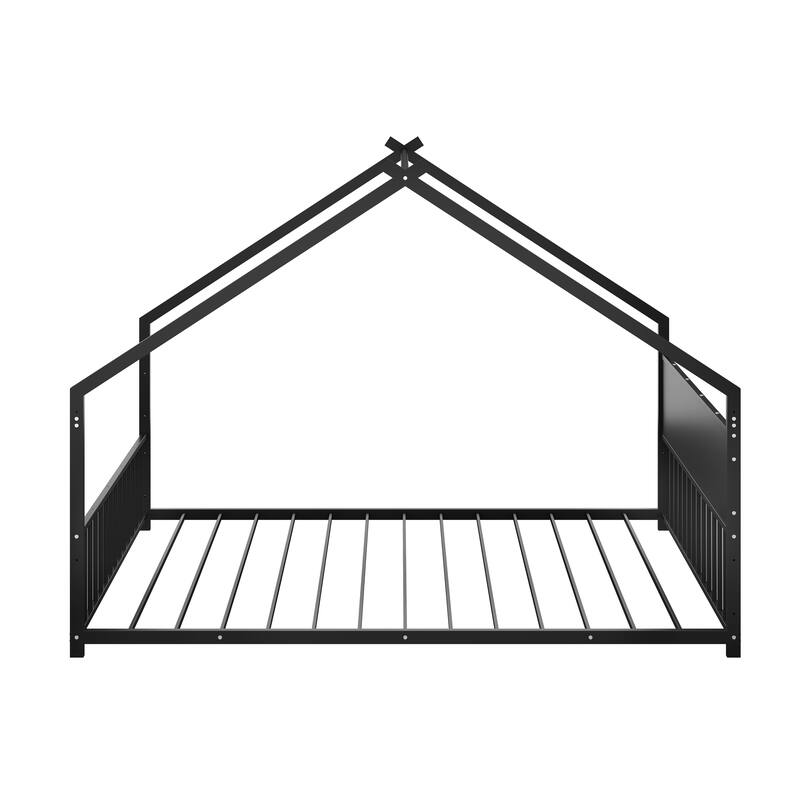 Twin/Full Size Iron House Bed with Roof and Colorful Lights, Heavy Duty Metal Floor House Bed Frame with Slats and Legs