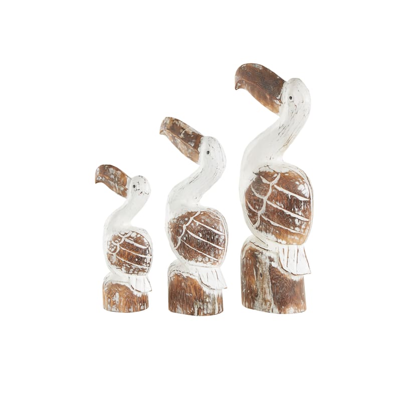 White Wood Handmade Distressed Pelican Decorative Sculpture with Brown Accents (Set of 3)